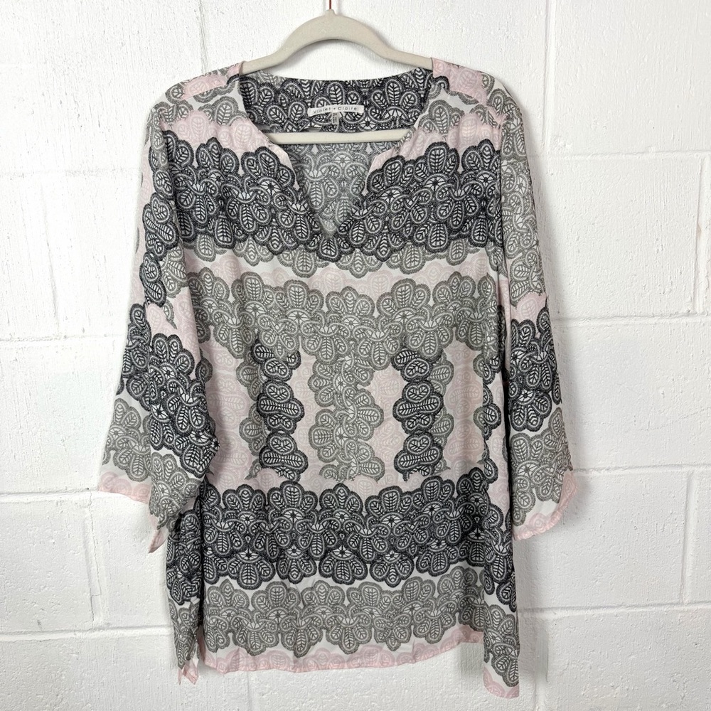 Violet +‎ Claire Pullover Tunic Top Pink Gray V-Neck Office Boho Floral Artsy 2X
